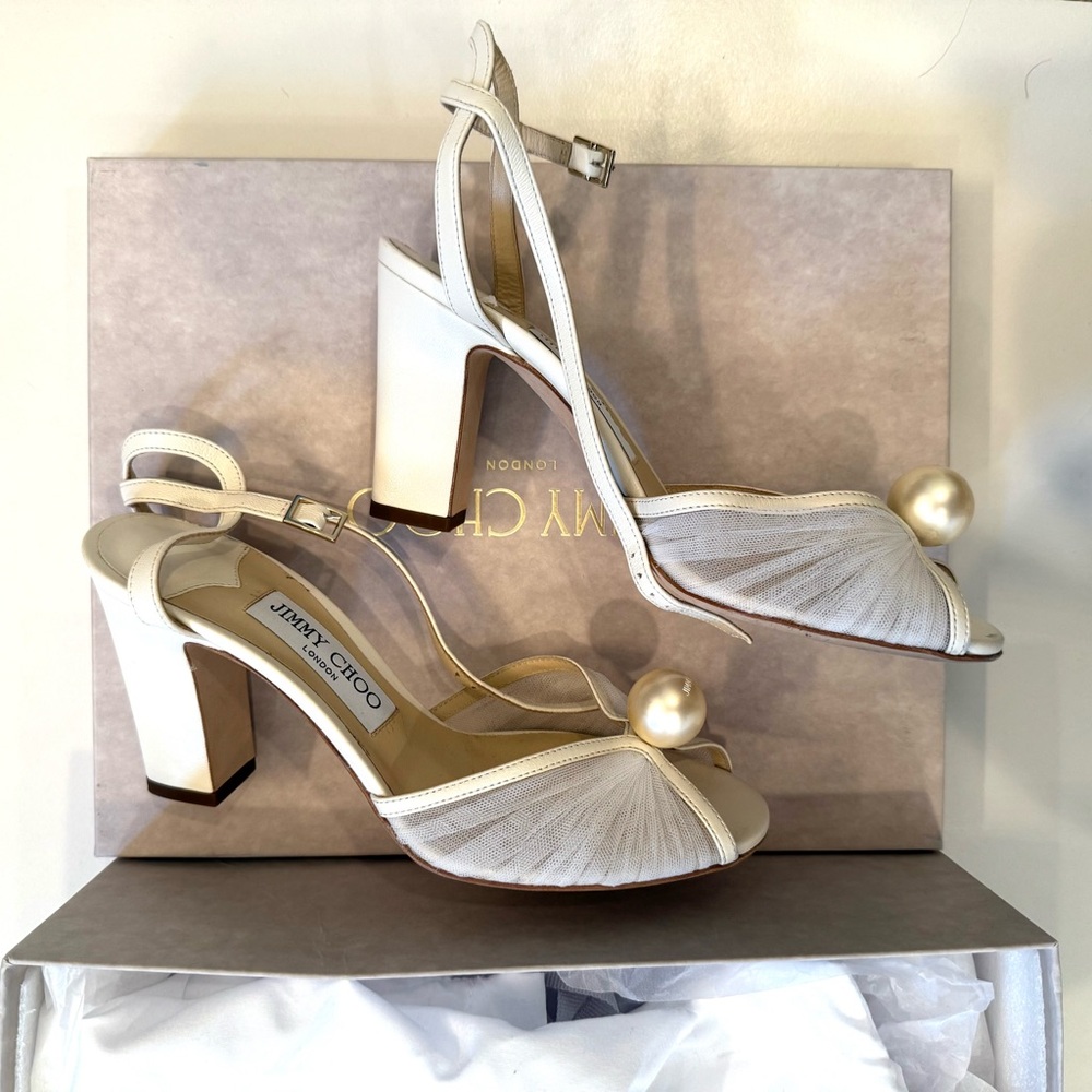 JIMMY CHOO Sacaria 85 Block Heels Sandals Cream White Bridal Pearl 37.5 7.5 - Picture 5 of 14
